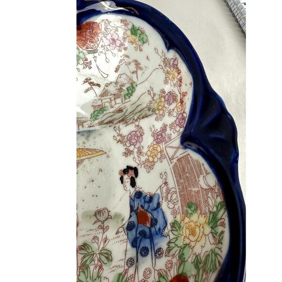 Japanese Antique China Cobalt Trim Geisha Floral Structure 1921-1941 - Picture 3 of 12